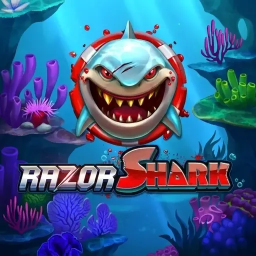 FamBet Casino Razor Shark Slot mit Haifischlogo und Korallenriff
